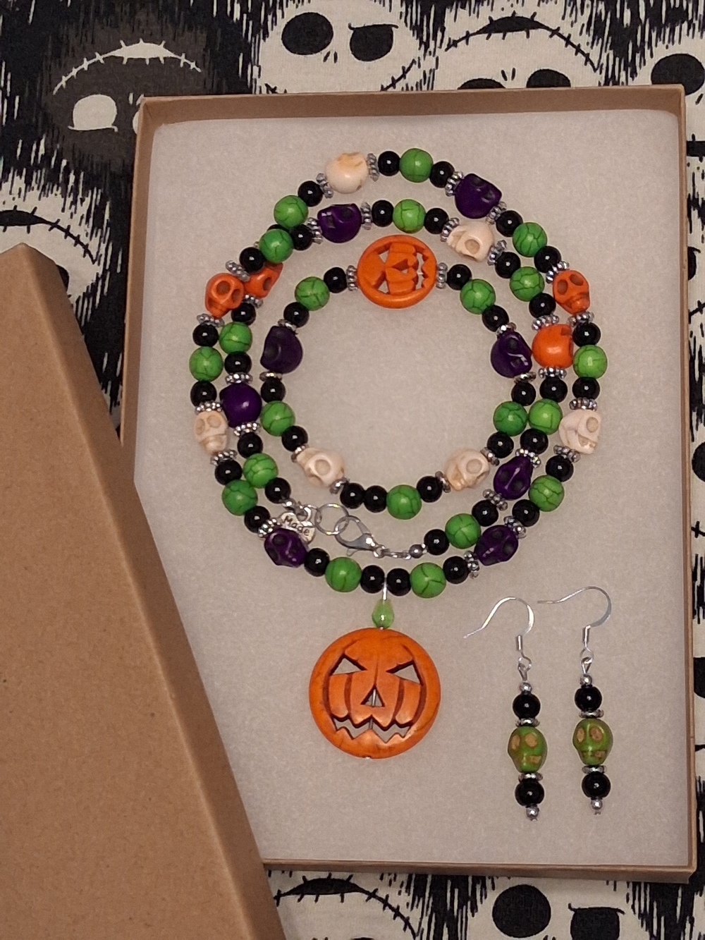 Handmade Jack-O-Lantern Skull Gemstone Jewelry Set - Orange, Green, Purple